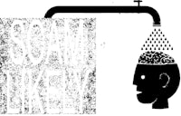 a black and white illustration of a man with a head in a shower